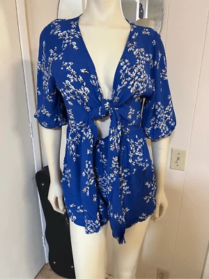 Faithful the Brand x Anthropologie Blue Floral Sophie Tie Front Romper Size 4 - Image 1 of 4