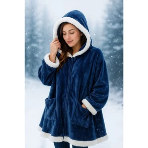 Warme & kuschelige dunkelblau Sherpa gefütterte Decke Cape One Size weich Kapuze Fleece #V - Bild 1 von 6