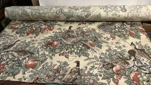 Vtg 1979 Upholstery Fabric Roll 36"x15yd Tan Birds Fruit Floral Partridge, Couch - Picture 1 of 7