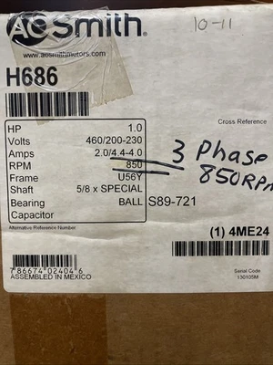 NEW AO Smith CENTURY 1HP H686 HVAC Condenser Fan Motor 3 Phase 850RPM - Image 1 of 3