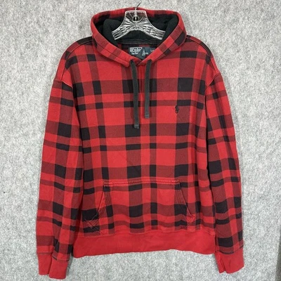 Polo Ralph Lauren Hoodie Mens Large Red Black Buffalo Plaid Sweatshirt Logo - Image 1 of 4