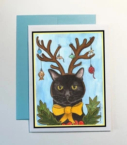 Reindeer cat with fish shaped ornaments Christmas sweet black cat notecard #425 - Picture 1 of 3