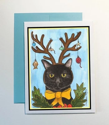 Reindeer cat with fish shaped ornaments Christmas sweet black cat notecard #425 - Image 1 of 3