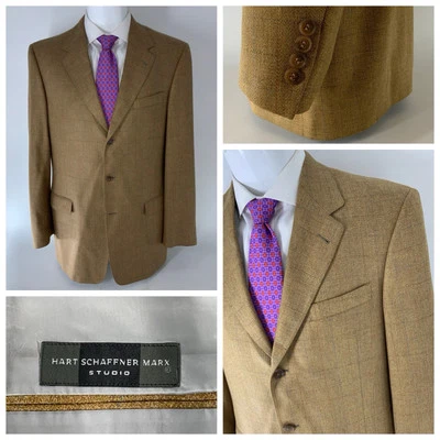 Hart Schaffner Marx Bespoke Blazer 43L Tan Plaid Silk Wool 3B NV USA YGI S1-351 - Image 1 of 4
