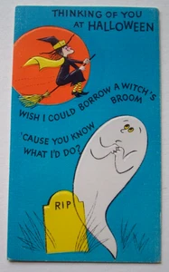 Witch on broom w cat & ghost unsigned vintage Halloween greeting card *WW23 - Picture 1 of 4