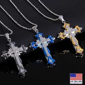 Men Stainless Steel Necklace Multilayer Crystal Cross Jesus Pendant 0333 - Picture 1 of 7