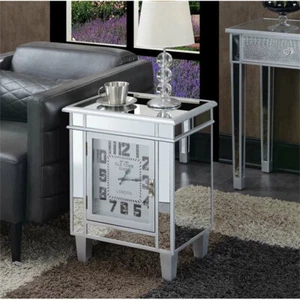 Large Drawer Mirrored Nightstand End Table Bedside Table w/ Clock Door & Storage - Picture 1 of 11