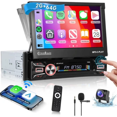 RACRDO Carplay Android 13 Flip Out Car Stereo Single 1Din 7" Radio GPS Navi Wifi 2+64GB