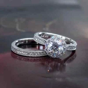 Vintage 2 CT Round Cut Moissanite Halo Wedding Bridal Ring Set 14K White Gold - Picture 1 of 5