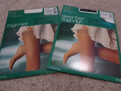 2 Pr. Medias elásticas altas para muslos JC Penney talla promedio blanco y azul marino 105-180 lb Foto 1 de 2