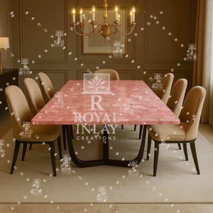 Rectangular Rose Quartz Dining Table – Geometric Inlay – Modern Stone Art - Picture 1 of 11