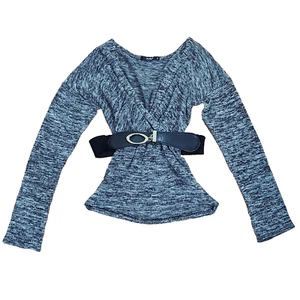 Papaya Women's M Gray Marled Deep V Neck Stretchy Belted Long Sleeve Wrap Top - Picture 1 of 9