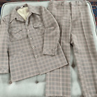Vintage 70s Brown Plaid Leisure Suit Dagger Collar Jacket Pants 46R