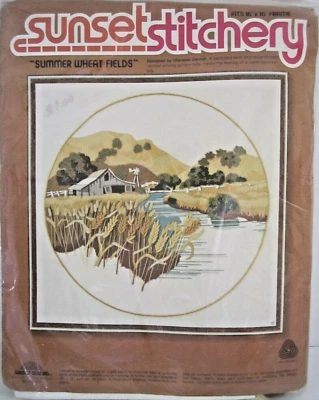 Vtg 1970s Crewel Embroidery on Linen Kit Summer Landscape Barn Creek NEW - Image 1 of 3