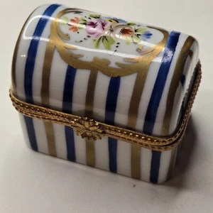 LIMOGES FRANCE Stripe Flowers J. Dumont Paint Main Chest Hinged Trinket Box - Picture 1 of 7