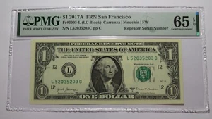 $1 2017 Repeater Serial Number Federal Reserve Currency Bank Note Bill PMG UNC65 - Picture 1 of 3