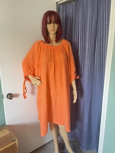 Made in Italy 100% Linen Midi Dress Lagenlook Orange One Size Pockets - Picture 1 of 9