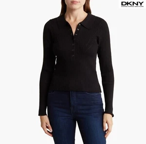 DKNY JEANS DAMEN NEU MIT ETIKETT RIPPE BAUMWOLLMISCHUNG STRICK SCHWARZ POLOPULLOVER. GRÖSSE L - Bild 1 von 10