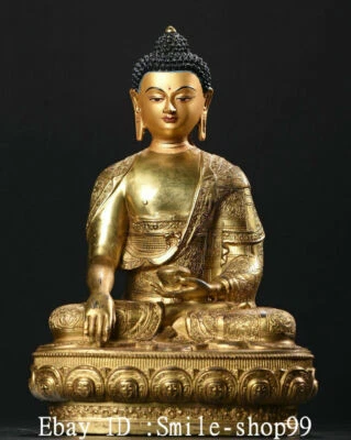 11.4" Antiguo Nepal Bronce Dorado Pintura Shakyamuni Sakyamuni Amitabha Buda Estatua Foto 1 de 4
