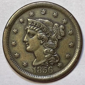 1856 Slanted 5 Braided Hair Large Cent Almost Uncirculated AU Coin Cleaned 20486 - Picture 1 of 3