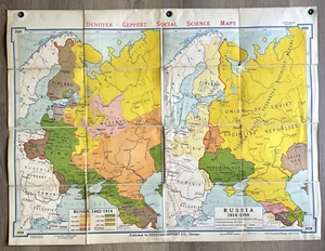 Denoyer-Geppert 1960s Ed. H29 Growth Of Russia 1914-39 Fold-Out Wall Map 33x 43” - Picture 1 of 8