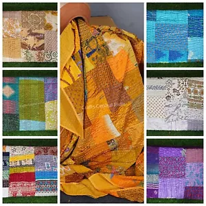 Handmade Silk Patchwork Quilt Indian kantha quilt bed cover boho throw blanket - Picture 1 of 77