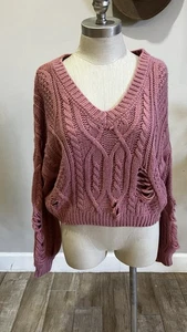 Rosa Zopfmuster Cropped V-Ausschnitt Pullover Oversize Pulli Boxy Distressed Small - Bild 1 von 14