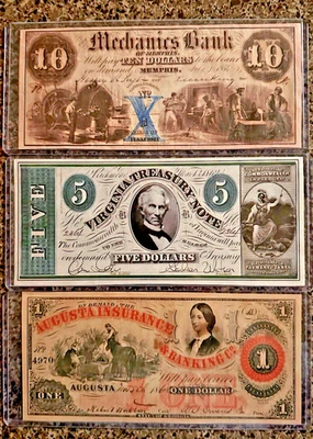 Lot of 3 Confederate States of America Bills $10, $5 & $1 - Image 1 of 2