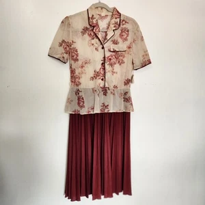Vintage Sheer Peplum Style Top Floral Cranberry Pleated Skirt Dress Sz 12 Union - Picture 1 of 12