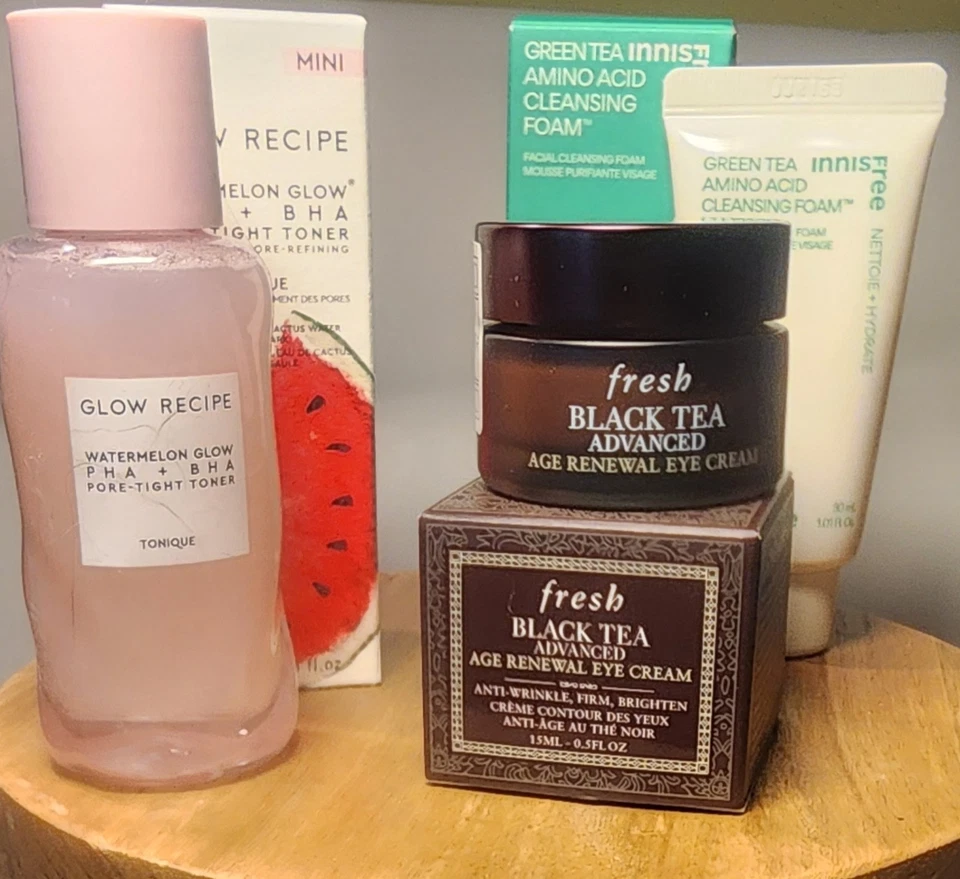 3 x лот ухода за кожей за кожей зарево рецепт лица - свежий черный чай глаз - Innis бесплатно - новый в коробке  - Изображение 1 из 4