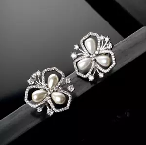 Elegance & Sophistication With Silver Pearls & Sparkling CZ Floral Stud Earrings - Picture 1 of 6