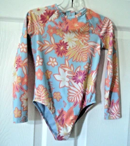 Roxy Rash Guard Swimsuit Girls Teenie Wahine Blue Peach Print Size 5 - Picture 1 of 9