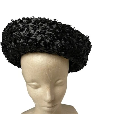 Vintage Finlet Black Woven Straw Woman's Stylish Black Hat Ribbon with Bow 1960 - Image 1 of 4