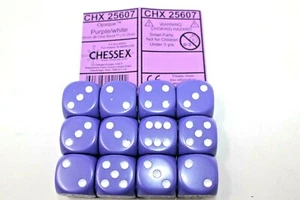 Chessex Dice 16mm D6 (12 Dice) Opaque Purple / White CHX25607 - Picture 1 of 1
