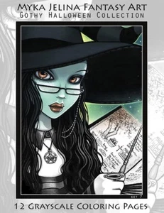 Myka Jelina Art Coloring Pages Gothy Halloween Grayscale Set 7 Witch Sugar Skull - Picture 1 of 3