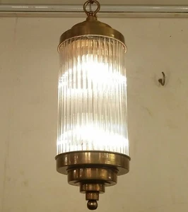 ANTIQUE OLD VINTAGE ART DECO BRASS HANGING GLASS ROD CEILING FIXTURE LIGHT LAMP - Picture 1 of 3
