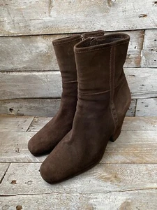 Prada Logo brown suede Ankle Boots Heel Shoes Womens 39 US8.5 Y2K - Picture 1 of 19