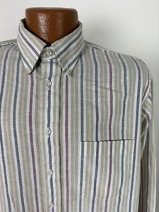 Vintage 80s Arrow Dover Chambray Shirt Men Large Beige Striped Long Sleeve USA - Picture 1 of 15
