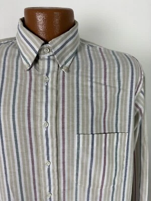 Vintage 80s Arrow Dover Chambray Shirt Men Large Beige Striped Long Sleeve USA - Image 1 of 4