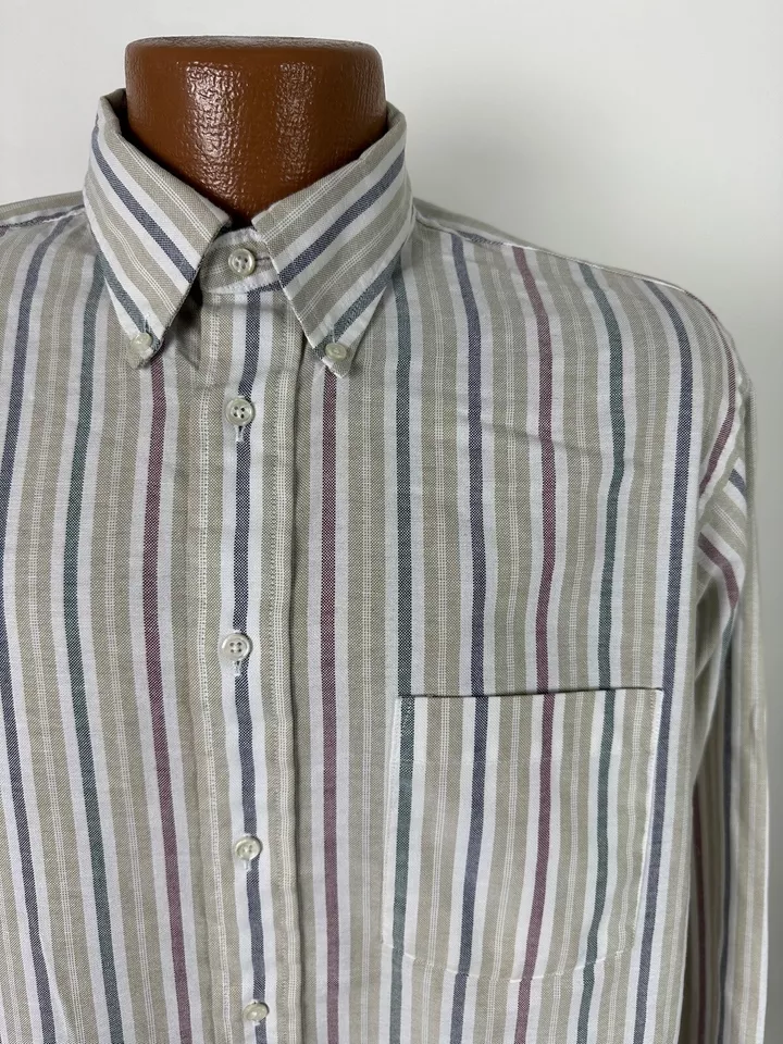 Vintage 80s Arrow Dover Chambray Shirt Men Large Beige Striped Long Sleeve USA - Image 1 of 4