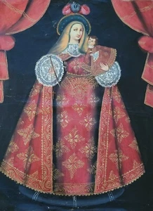 Pintura antigua peruana del siglo XIX pintura al óleo sobre lienzo de la Virgen del Rosario - Imagen 1 de 7