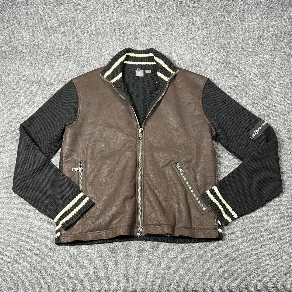 Armani Exchange Jacket Mens XL Brown Black Mixed Media Full Zip Faux Leather - Image 1 of 4