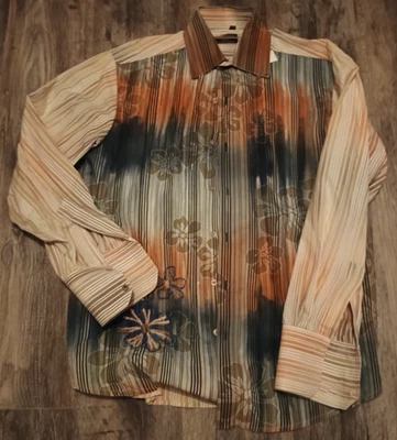Camisa masculina 7 diamantes listrada azul laranja grande com flores manga longa botão para cima - Imagem 1 de 4