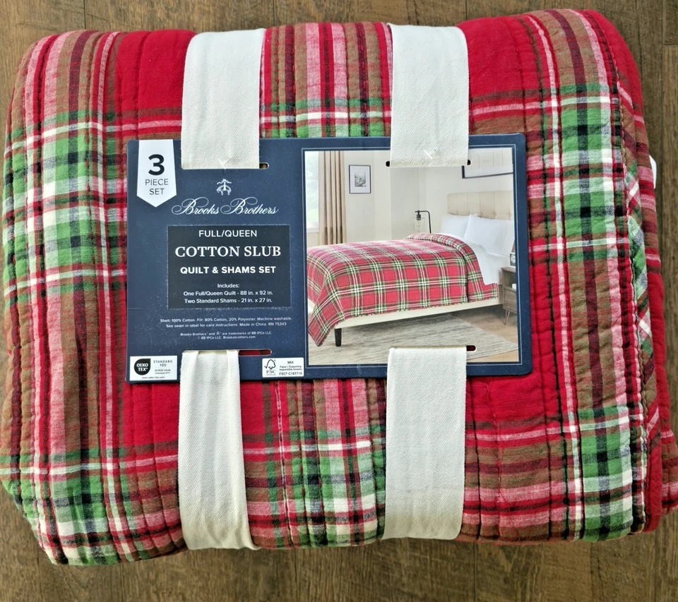 Juego completo de edredón a cuadros Brooks Brothers Queen rojo escocés puntada algodón Foto 1 de 4