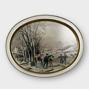 Vintage Sonnenschein Keksdose ovales Tablett Currier & Ives "Winter Zeitvertreib" Urlaubsdeko - Bild 1 von 2