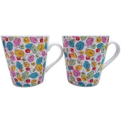 2 Cath Kidston Little Leaves Mugs China Cup Pair Floral Flower Pink Blue Yello - Image 1 of 4