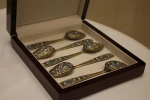 luxury dining silver set of 5 Cloisonne Enamel Spoons marked - Picture 1 of 18
