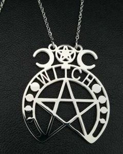 WITCH Hexe Pentagramm Stern Mond Magier Anhänger Edelstahl Kette Amulet KE106D - Bild 1 von 5