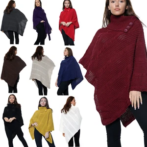 Womens Fashion Ladies Knitted Poncho Winter 3 Button Wrap Shawl Soft Pattern UK - Picture 1 of 16