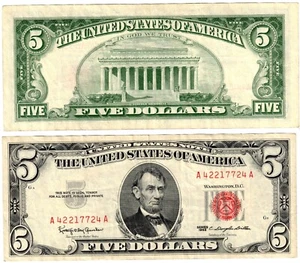1963 USA United States Notes 5 Dollar Banknote P383 Red Seal Circulated w - Picture 1 of 1